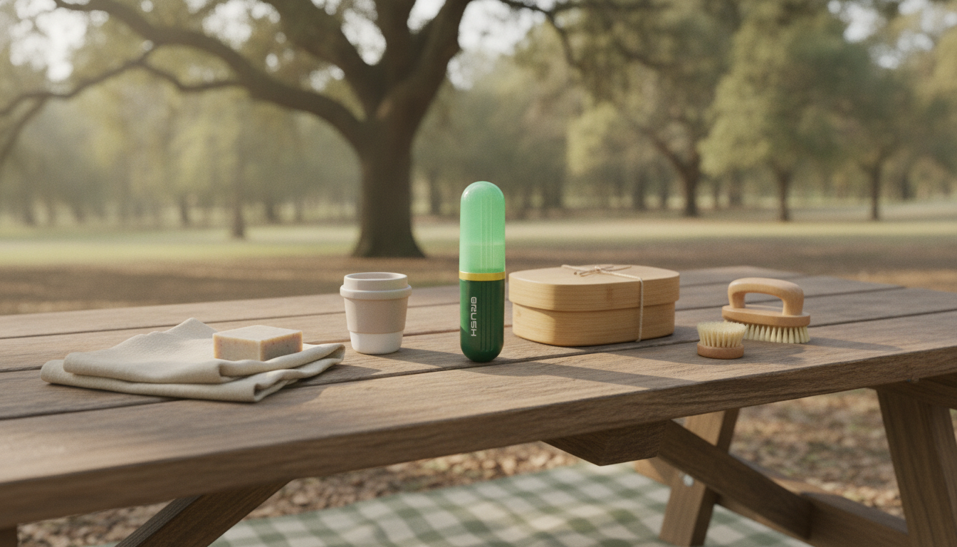 Portable Soap-Dispensing Brush for Quick Eco Cleanups